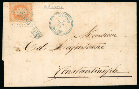 Stamp of Romania » French Levant Offices in Romania French Post Office in Galatz, Romania 1867: France laureated 40 c. orange with tiny perforation faults, used on 1868 entire letter to Constantinople, Turkey