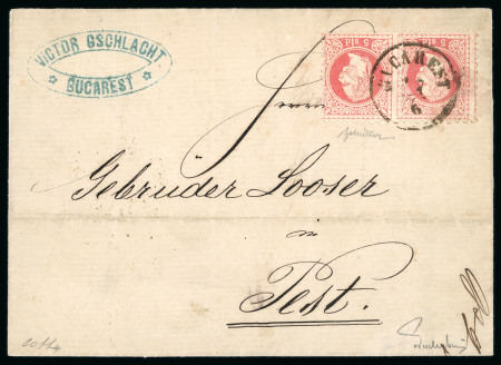 Stamp of Romania » Hungarian Post in Romania Hungarian Post Offices 1867: 5 soldi red, a fine horizontal pair used on 1868 cover to Pest, neatly tied by BUCHAREST romania