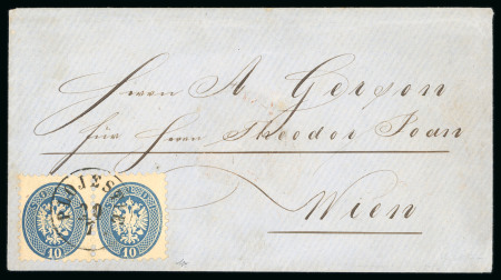 Stamp of Romania » Austrian Levant Post Offices Austrian Post Offices in Romania 1864: Arms 10 s. blue, perf. 9½, a fine horizontal pair used on cover to Vienna