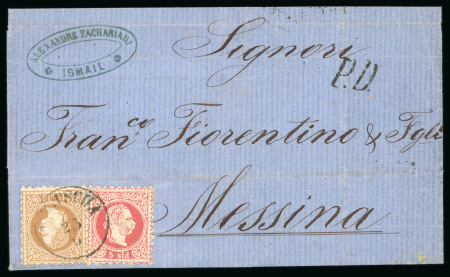 Stamp of Romania » Austrian Levant Post Offices Austrian Lloyd Offices in the Dobrudja 1867: Levant 5 s. red and 15 s. brown used on 1871 entire letter to Messina