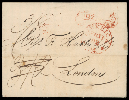 Stamp of Ireland » Ship Letters Limerick Ship Letter – 1827 (April 18) Entire letter from Montevideo, Uruguay to London, landed on the west coast of Ireland and bearing on the face a fine strike of the fancy scroll “SHIP LETTER” handstamp of Limerick i