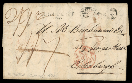 Stamp of Ireland » Ship Letters Westport Ship Letter – 1820 (December 24) Entire letter from the Portuguese Colony of Madeira, to Edinburgh, sent by private vessel and landed on the west coast of Ireland and bearing on the face the extremely rare serpe