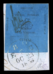 Stamp of British Guiana British Guiana: The Ferrary 1856 4c black on blue surface coloured paper with manuscript signature "EDW", on piece