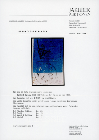 British Guiana: The Ferrary 1856 4c black on blue surface coloured paper with manuscript signature "EDW", on piece