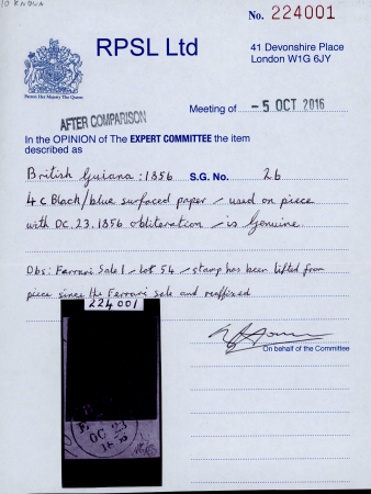 British Guiana: The Ferrary 1856 4c black on blue surface coloured paper with manuscript signature "EDW", on piece