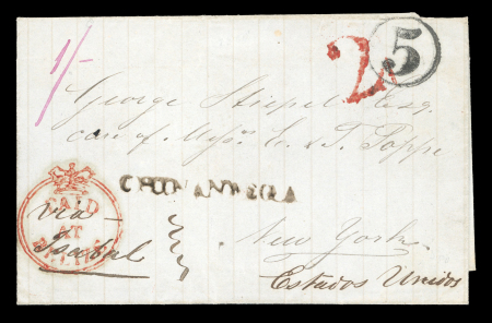 Stamp of British Honduras 1849 cover to New York, showing manuscript note "H.E.