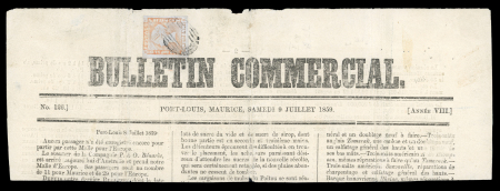 Stamp of Mauritius » 1848-59 Post Paid Issue 1859 Post Paid 1d. red on bluish, worn impression, on 9.7.1859 ‘Bulletin Commercial’ newspaper masthead
