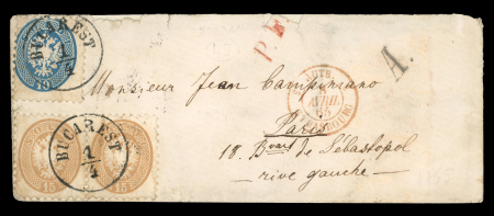 Stamp of Romania » Austrian Levant Post Offices Austria Levant, Bucharest, Arms 10 s. blue and pair of 15 s. brown, both perf. 9½, used on 1865 small cover to Paris