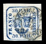 Stamp of Romania » United Principalities 1862-1864 1862: 30 parale deep blue on horizontally laid paper cancelled by a clear scarce MICHALENI