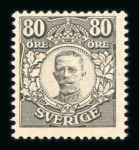 Stamp of Sweden 1918 80 øre black, Värnamo issue, mint with a tiny hinge remnant.