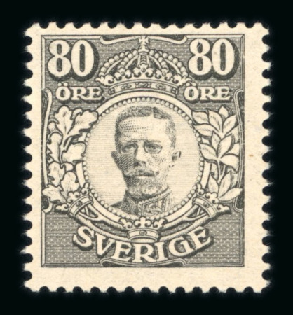 Stamp of Sweden 1918 80 øre black, Värnamo issue, mint with a tiny hinge remnant.