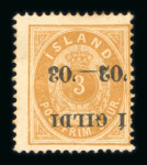 Stamp of Iceland 1902 3 aur orange brown perforated 14 x 13 1/2, with overprint inverted.