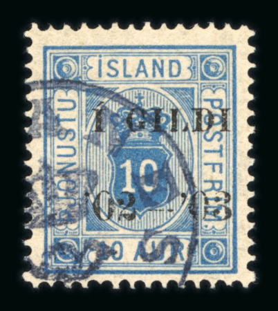 Stamp of Iceland 1902 official stamp 10 aur blue with black overprint I GILDI.