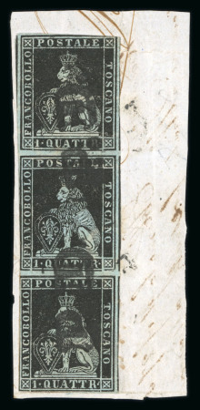 Stamp of Italian States » Tuscany 1852, Tuscany 1q. black on blue charming shade, strip