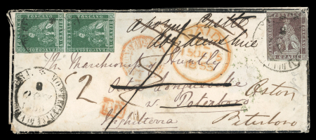 Stamp of Italian States » Tuscany 1851, Tuscany 4cr. green (pair) and 9cr. purple tied