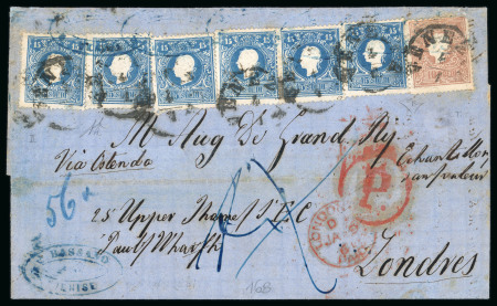 Stamp of Austria » Lombardy Venetia 1861 (Jan 4) cover from Venice to London with 15 soldi, 6 examples, and 10 soldi, tied by Venezia cds, paying the sample rate