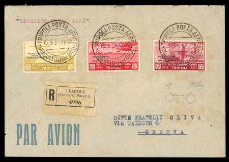 Stamp of Italy » Italian Colonies and Possessions » Tripolitania 1934 (May 15) pair of airmail envelopes sent registered to Genova with the Oasis Round-Flight set of 7
