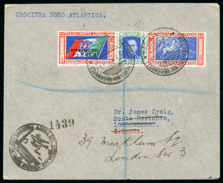 Stamp of Italy » Regno d'Italia » Posta Aerea 1933 (Jul 1) airmail cover sent from Rome to Ireland franked with an 1933 North Atlantic triptych "I RECA",