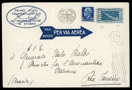 Stamp of Italy » Regno d'Italia » Posta Aerea 1930 (Dec 15) First Transatlantic Flight printed envelope sent from Rome to Brazil with 7l60 Transatlantic issue