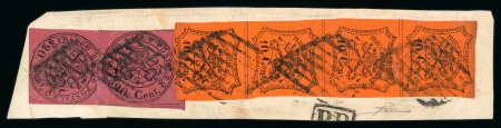 Stamp of Italian States » Papal States 1867 10 centesimi black on orange vermilion in a vertical strip of four plus two 20 centesimi black on brown-red on piece