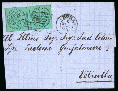 Stamp of Italian States » Papal States 1868 (Feb 9) cover sent from Rome to Vetralla with 1867 5 cents greenish blue inter-panneau vertical pair