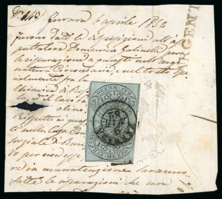Stamp of Italian States » Papal States 1852 1/2 baj vertical tête-bêche pair (pos. 13 & 18) on piece tied by Ferrara 9 MAR 52 cds