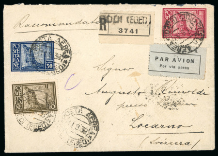Stamp of Italy » Aegean Islands 1933 (Sep 11) envelope sent registered airmail from Rhodes to Switzerland with 1929 5c (3), 30c, 5l and 10l 