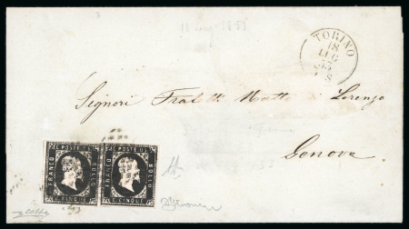 Stamp of Italian States » Sardinia 1853 (Jul 18) circular sent from Turin to Genoa franked with a pair of 1851 5 centesimi intense black