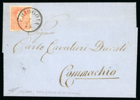 Stamp of Austria » Lombardy Venetia 1858 (Nov 1), 5 soldi red, 1st type, used in Comacchio and cancelled with Chioggia 1/11 postmark of the first day of issue