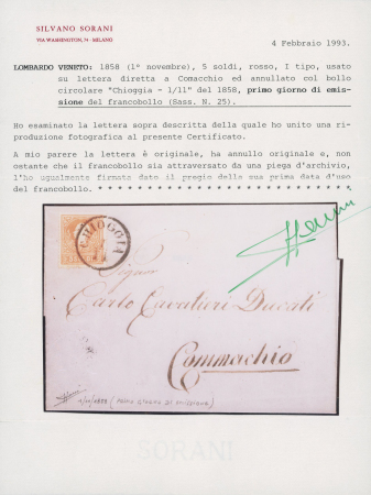 1858 (Nov 1), 5 soldi red, 1st type, used in Comacchio and cancelled with Chioggia 1/11 postmark of the first day of issue