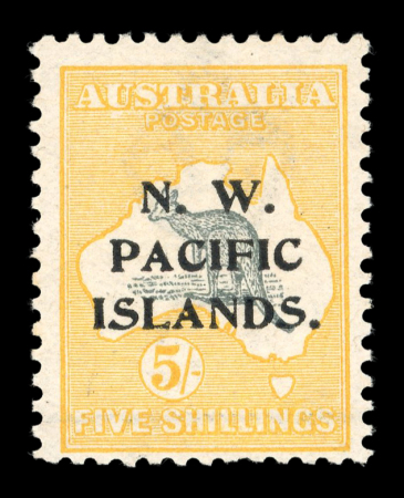 Stamp of New Guinea 1915-16 1st wmk Corwn over A 5s grey & yellow perf.12 with type C ovpt mint l.h.