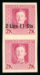 Stamp of Austria » Field Post Italy 1918 2l11c on 2k mint n.h. imperf. vertical pair with lower stamp showing overprint omitted variety
