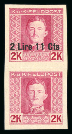 Stamp of Austria » Field Post Italy 1918 2l11c on 2k mint n.h. imperf. vertical pair with lower stamp showing overprint omitted variety