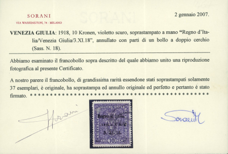 1918, Austrian 10kr stamp, dark violet, silk threadless paper, with hand-printed overprint "Regno d'Italia Venezia Giulia 3. XI. 18.", used