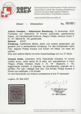 1918, Austrian 10kr stamp, dark violet, silk threadless paper, with hand-printed overprint "Regno d'Italia Venezia Giulia 3. XI. 18.", used