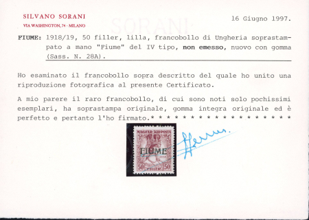 1918-19, 50 filler lilac, Hungarian stamp hand-overprinted "Fiume" type IV, unissued, mint 