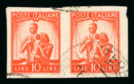 Stamp of Italy 1947, "Democratic" series, 10 lire orange imperforate in horizontal pair, used