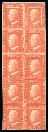 Stamp of Italian States » Sicily 1859 5 grana light vermilion, I plate, in mint vertical block of 10