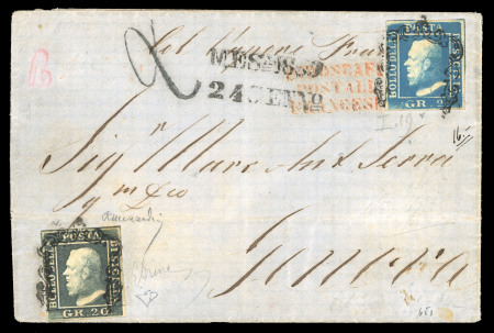 Stamp of Italian States » Sicily 1859, Sicily 2gr. blue plate I + 20gr. slate grey tied