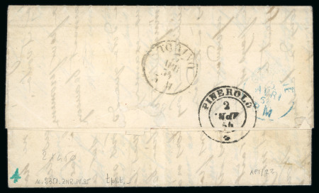 1854 (Apr 1) entire letter from Perosa on Switzerland Geneva and franked 1853 40 cents pink