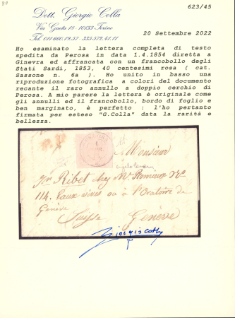 1854 (Apr 1) entire letter from Perosa on Switzerland Geneva and franked 1853 40 cents pink