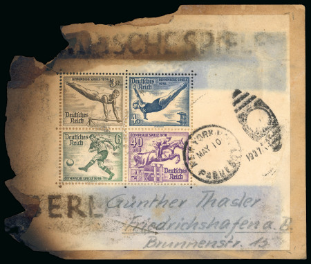 Stamp of Aerophilately » Zeppelins Hindenburg Crash Cover. 1937 card endorsed addressed to Thasler in Germany franked with German Reich 1936 Olympic mini sheet