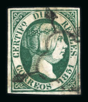 Stamp of Spain 1851 10R dark green, the scarcer shade, neatly used