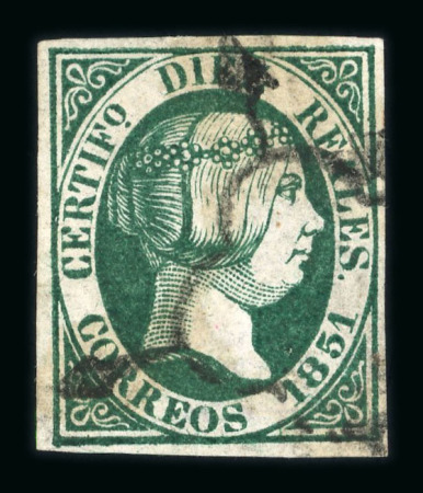 Stamp of Spain 1851 10R dark green, the scarcer shade, neatly used