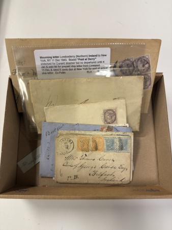 Stamp of Ireland » Pre-Stamp Postal History » Collections, lots etc. 1843-1883 Group of eight divers covers, three stampless addressed to New York and Kingston, Canada, 1870 incoming envelope from Italy to Belfast, 1875 incoming envelope from France with circular MORE TO PAY, 1870 1/2d on