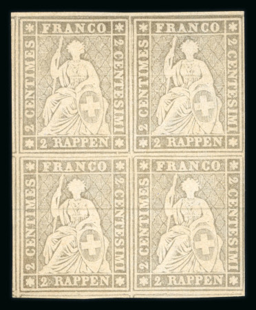 Stamp of Switzerland / Schweiz » Sitzende Helvetia Ungezähnt » 1857-62 Berner Druck, Dickes Papier 1862, 2 Rp. grau, 4. Berner Druckperiode, im Viererblock