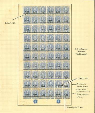 Stamp of Sarawak 1923, Sarawak, 1c on 10c Brooke in blue  in complete sheet of 60, plate error CNET
