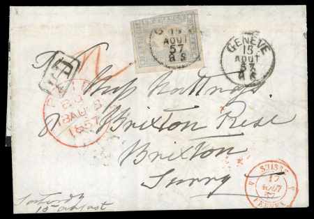Stamp of Switzerland / Schweiz » Sitzende Helvetia Ungezähnt » 1856-57 Berner Druck (III) 1857, 1 Fr. grau, 2. Berner Druckperiode
