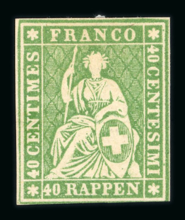 Stamp of Switzerland / Schweiz » Sitzende Helvetia Ungezähnt » 1857-62 Berner Druck, Dickes Papier Schweiz 1860, 40 Rp. grün, 4. Berner Druckperiode ungebraucht mit vollem Originalgummi
