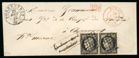 Stamp of Switzerland / Schweiz » Vorphilatelie Schweiz Verwendung französischer Marken im Kanton Jura: 1849, Cérès 20Cts schwarz im waagerechten Paar auf Brief von Porrentruy (Kanton Jura) nach Chaumont